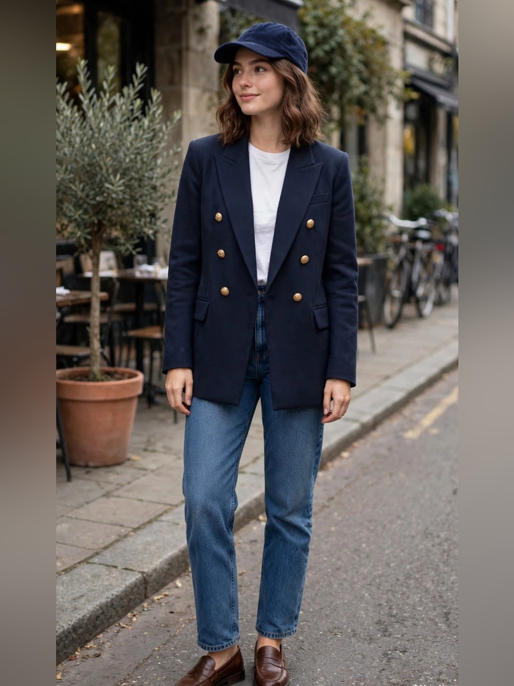 Zara Navy Double-Breasted Blazer with Gold Buttons Size M